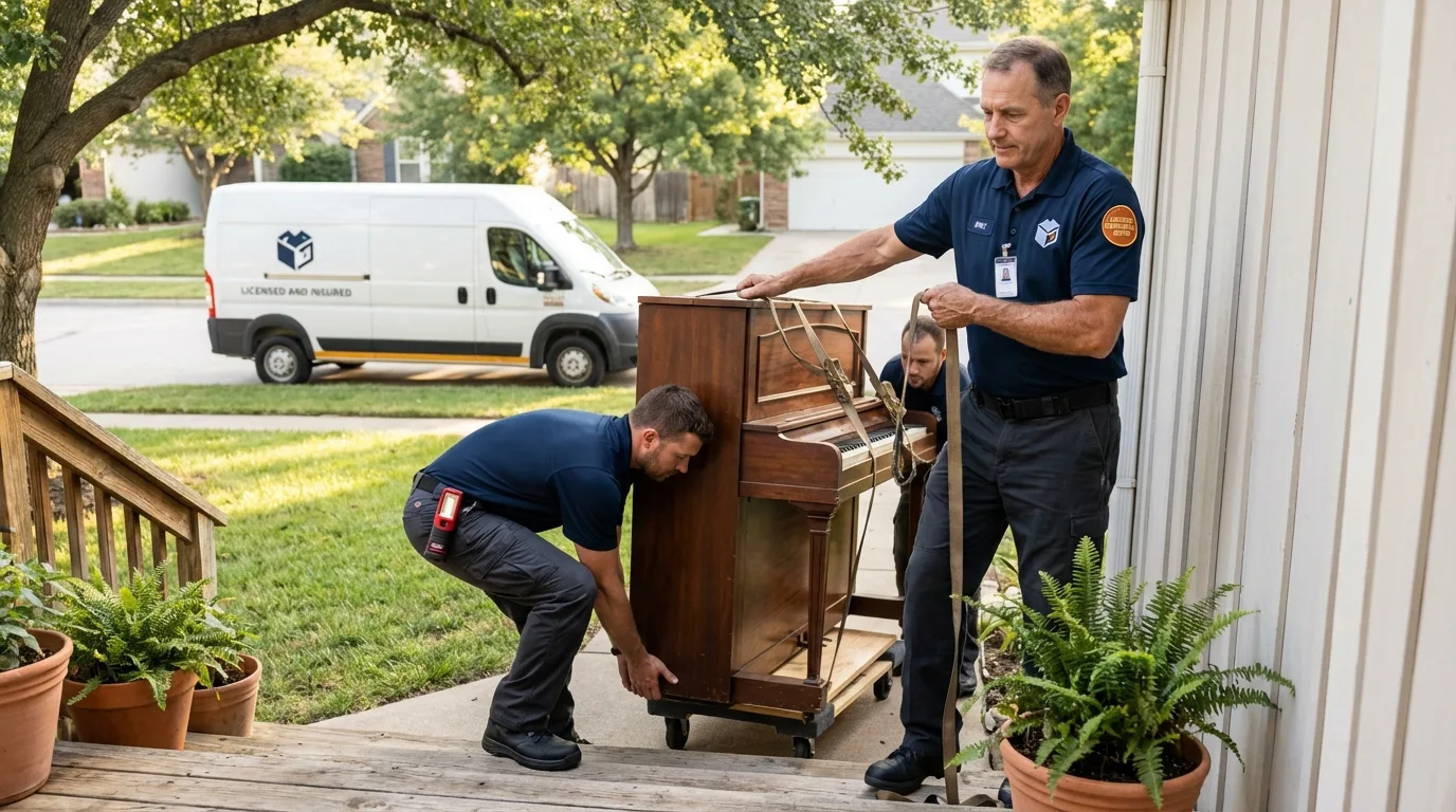 Licensed piano movers securing grand piano in Aspen, CO