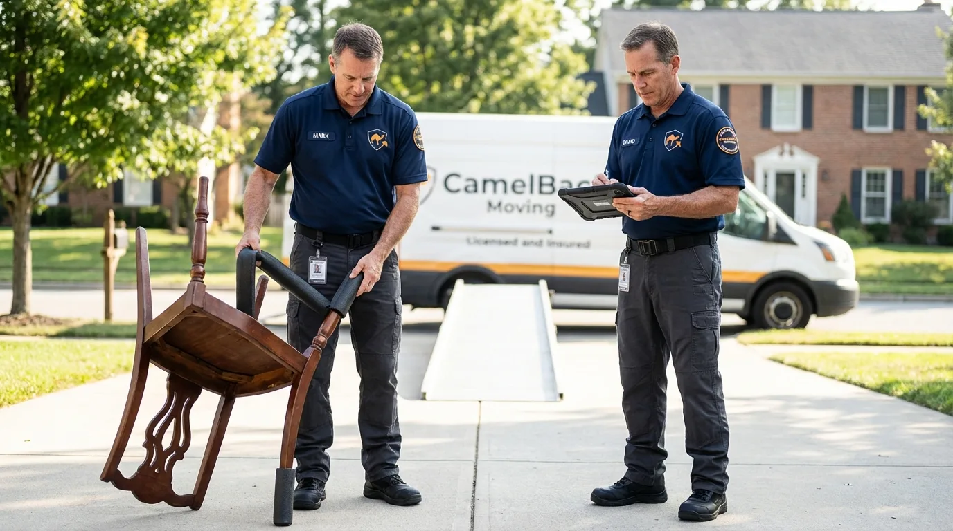 Movers inspecting furniture for damage prevention before loading in Aspen, CO