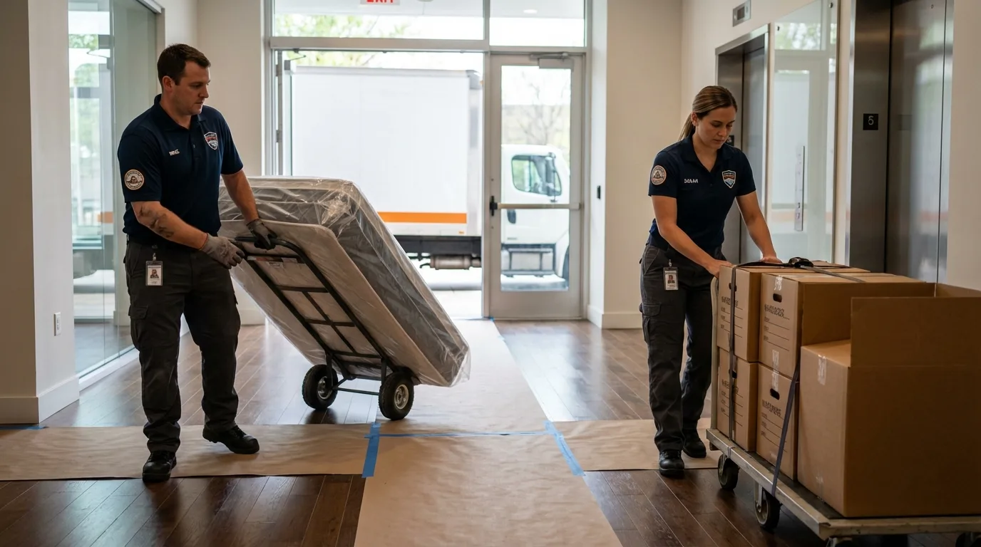 Professional apartment movers loading elevator in Aspen, CO