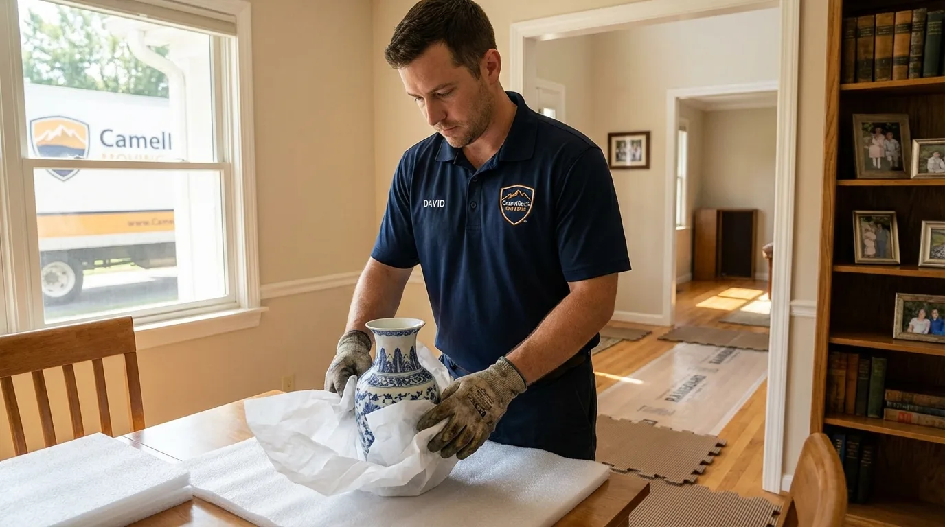 Professional crew carefully wrapping antique vase for senior downsizing move in Aspen, CO